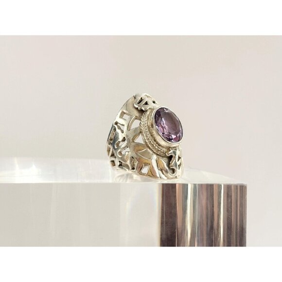 Amethyst Gemstone Bintage Abstract Symbol Sterling Silver Chunky Ring - sz 5.25 - Picture 3 of 10